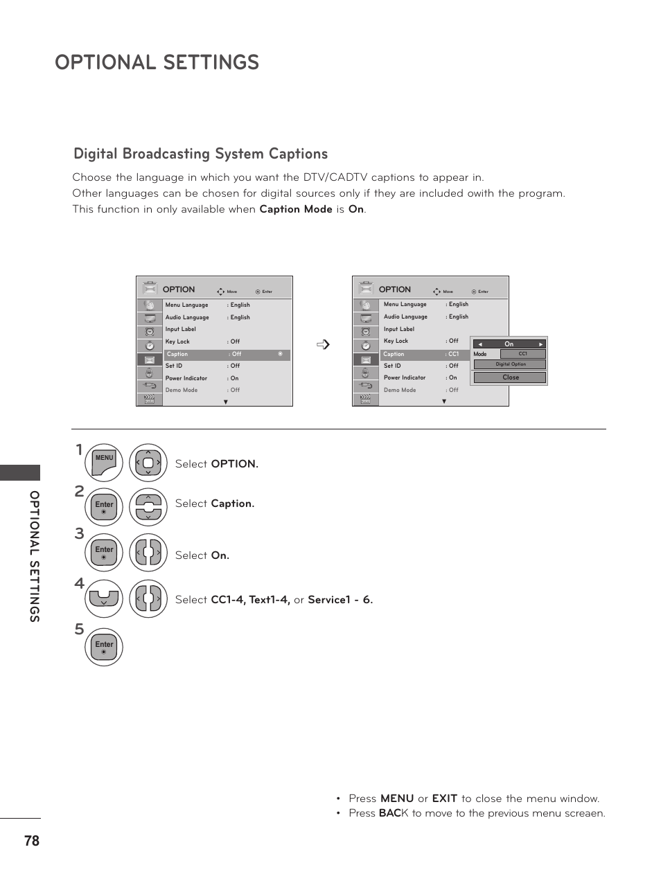 Digital broadcasting system captions, Optional settings | LG M2380D-PU User Manual | Page 78 / 126