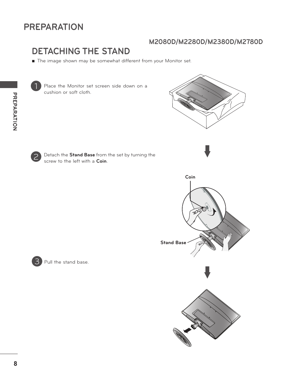 Detaching the stand, M2080d/m2280d/m2380d/m2780d, Preparation | LG M2380D-PU User Manual | Page 8 / 126