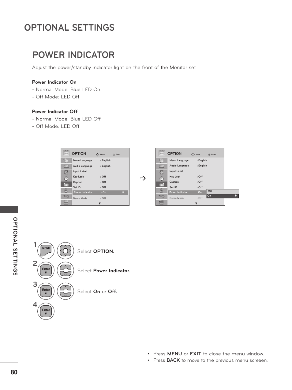 Power indicator, Optional settings | LG M2380D-PU User Manual | Page 80 / 126