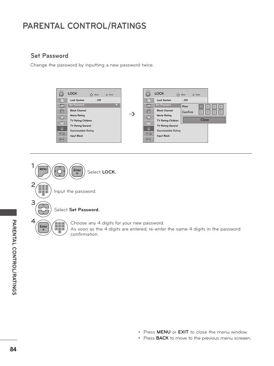 Set password, Parental control/ratings | LG M2380D-PU User Manual | Page 84 / 126