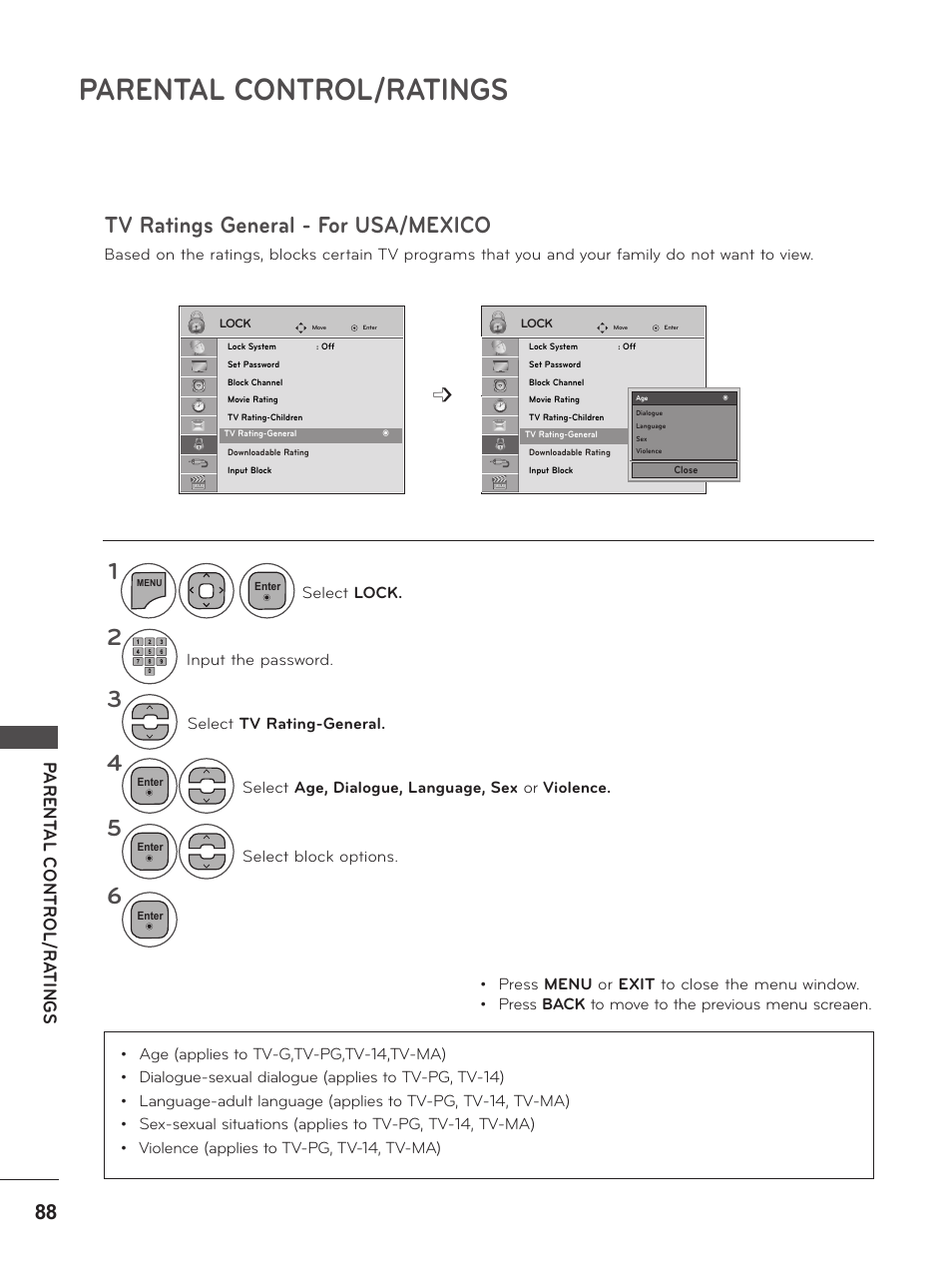 Tv ratings general - for usa/mexico, Parental control/ratings | LG M2380D-PU User Manual | Page 88 / 126