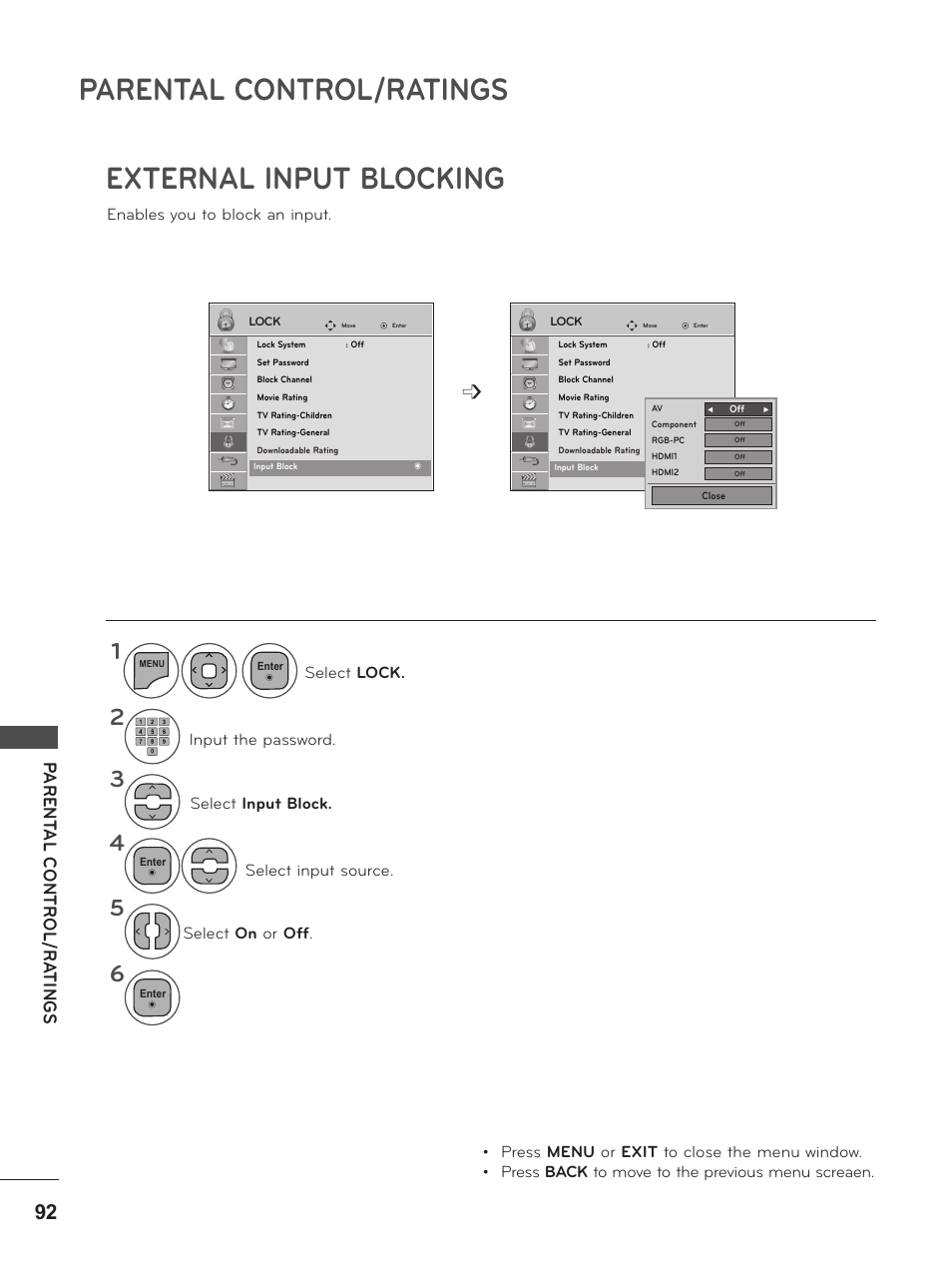External input blocking, Parental control/ratings | LG M2380D-PU User Manual | Page 92 / 126