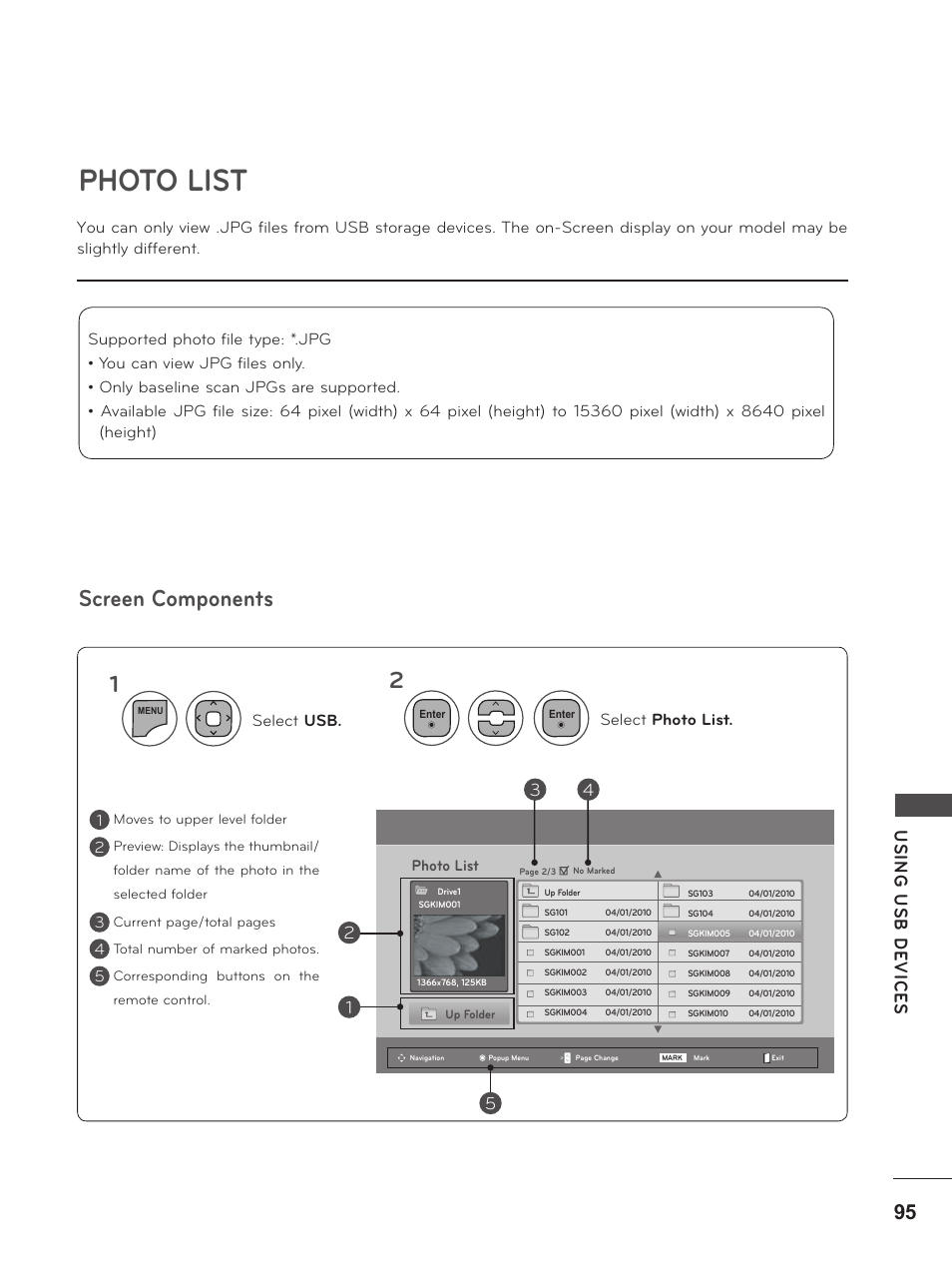 Photo list, Screen components, Usin g u sb d ev ic es | LG M2380D-PU User Manual | Page 95 / 126