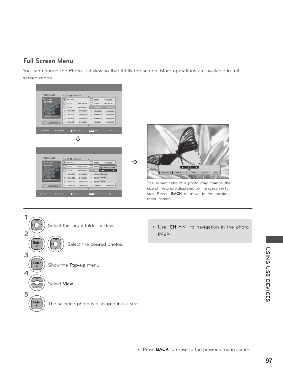 Full screen menu, Usin g u sb d ev ic es | LG M2380D-PU User Manual | Page 97 / 126