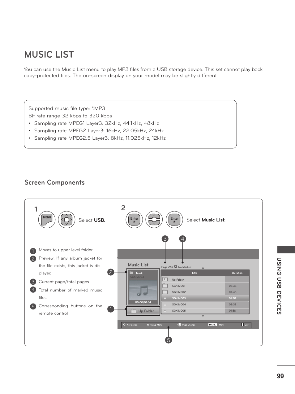 Music list, Screen components, Usin g u sb d ev ic es | LG M2380D-PU User Manual | Page 99 / 126