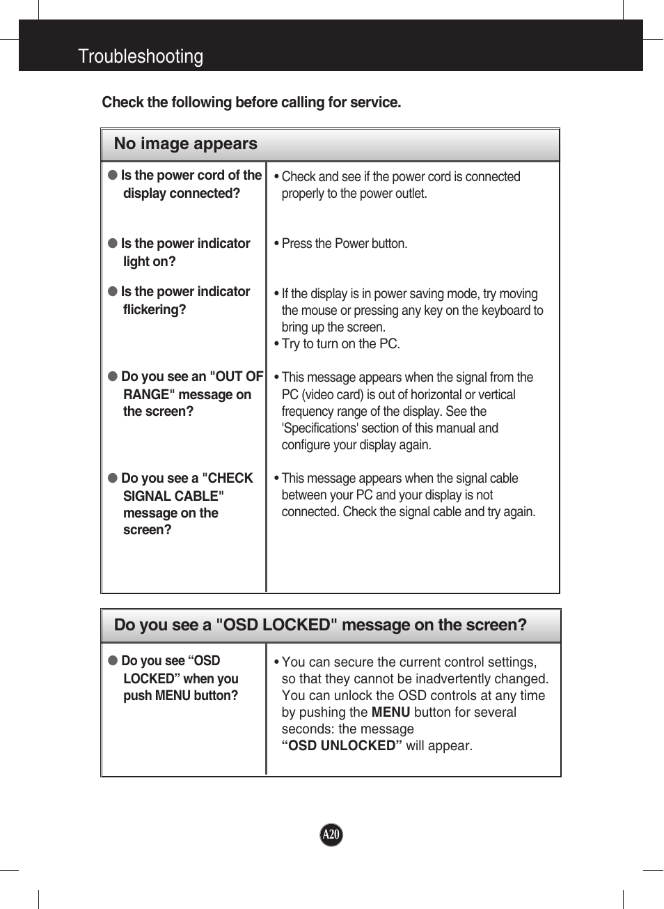 Troubleshooting, No image appears, Do you see a "osd locked" message on the screen | LG N1941W-PF User Manual | Page 22 / 29