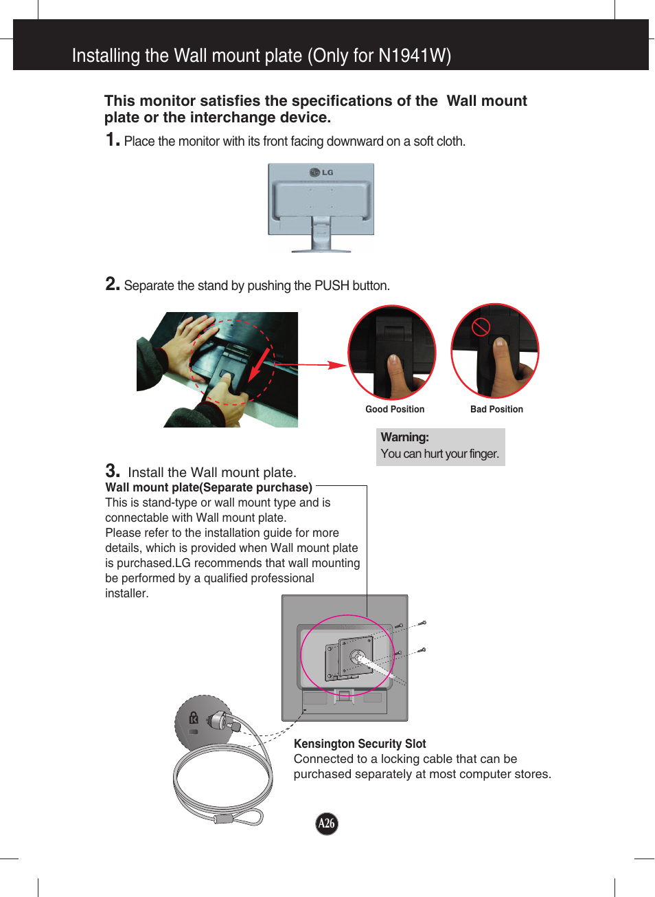 Installing the wall mount plate (only for n1941w) | LG N1941W-PF User Manual | Page 28 / 29