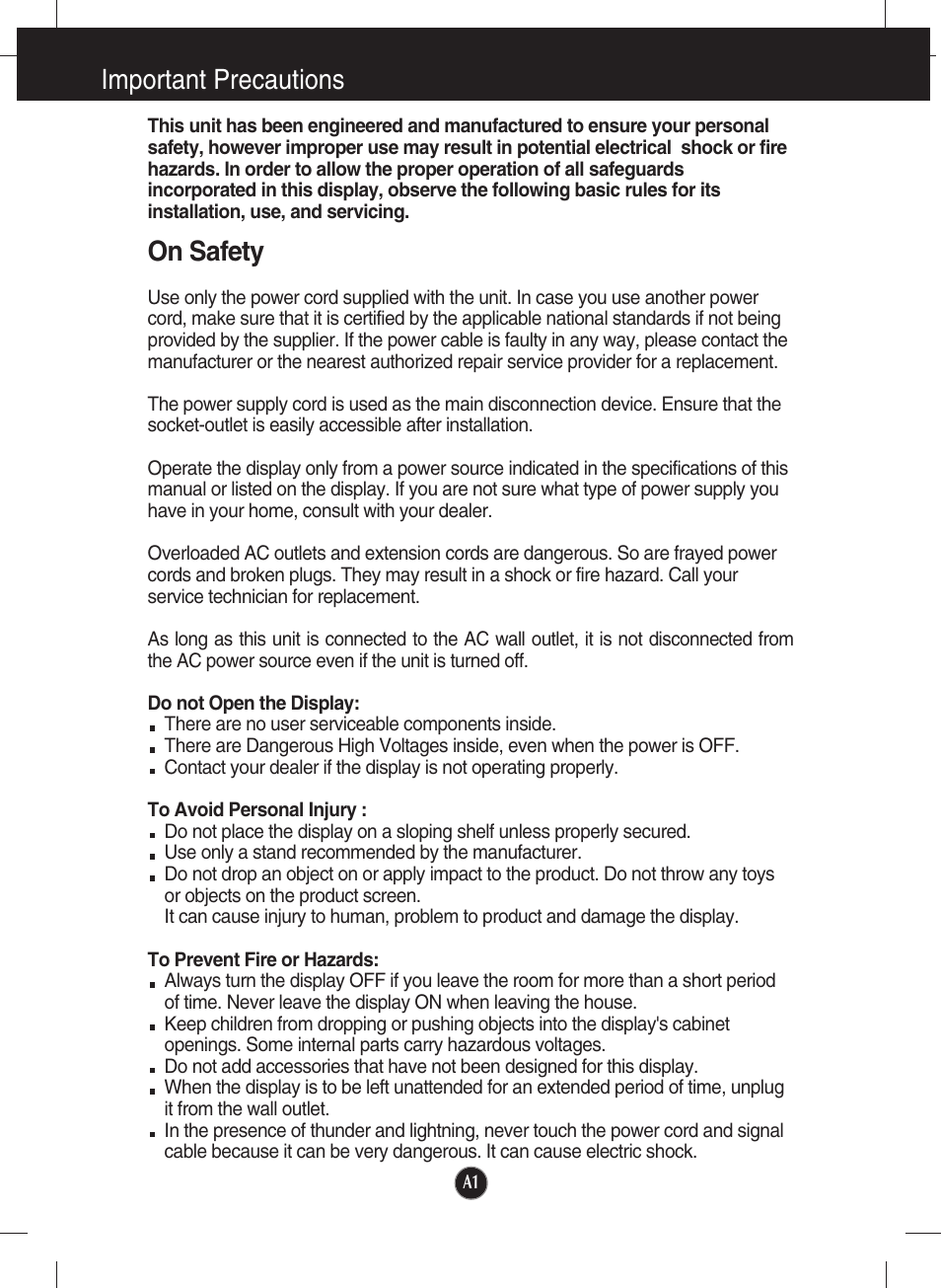 Important precautions, On safety | LG N1941W-PF User Manual | Page 3 / 29