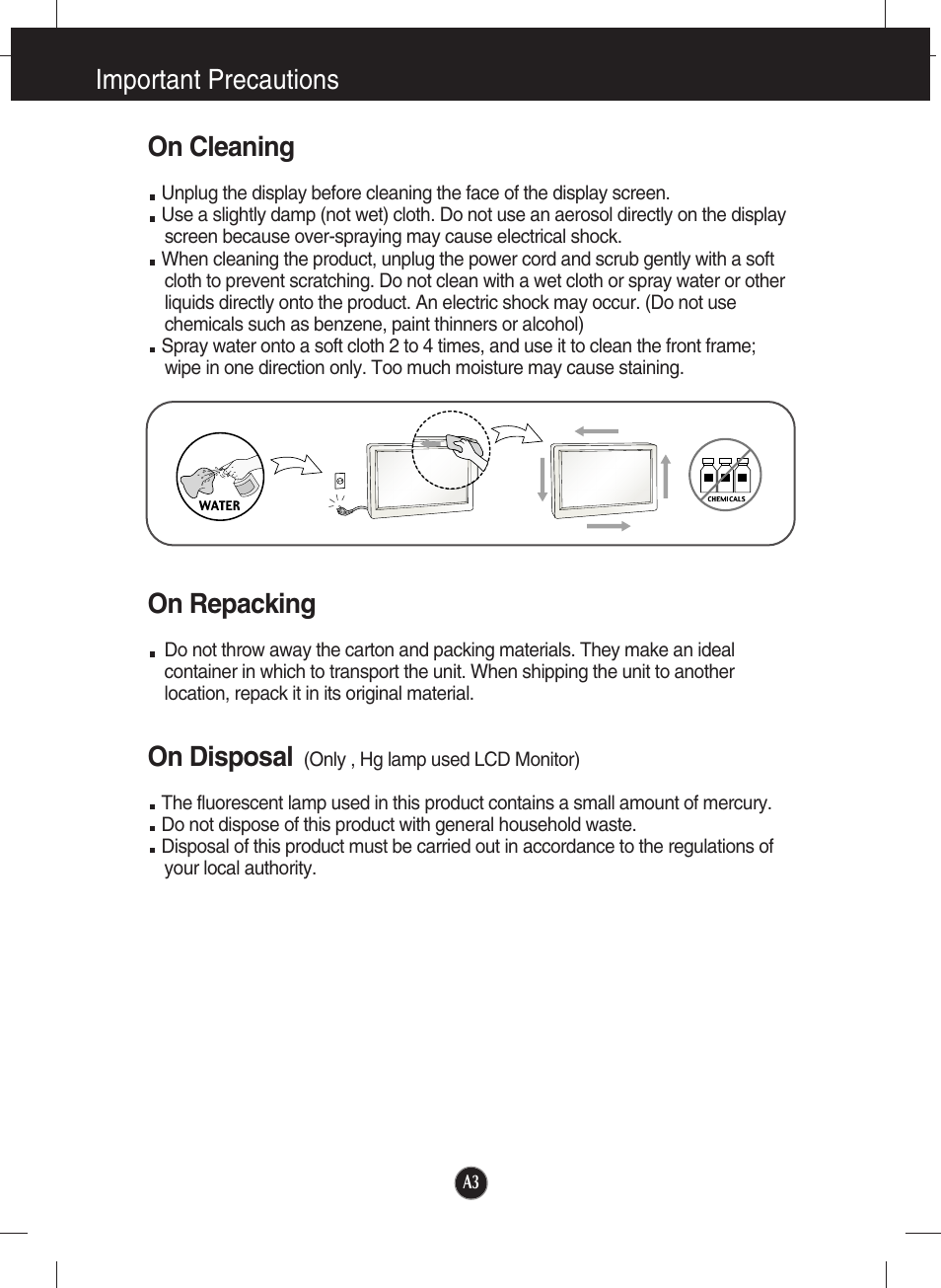 On cleaning, On repacking, On disposal (only, hg lamp used lcd monitor) | Important precautions on cleaning, On disposal | LG N1941W-PF User Manual | Page 5 / 29