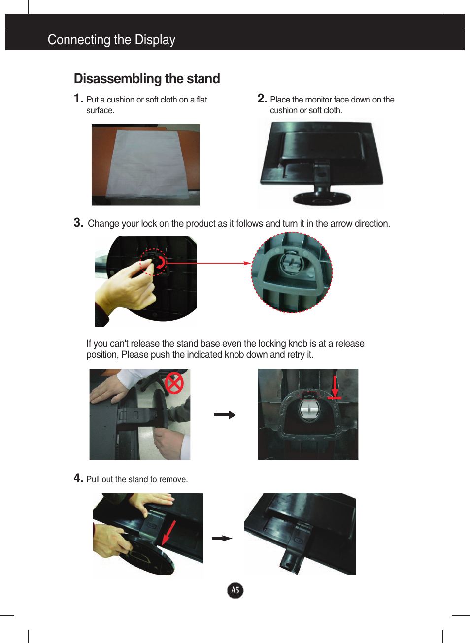 Disassembling the stand, Connecting the display disassembling the stand | LG N1941W-PF User Manual | Page 7 / 29