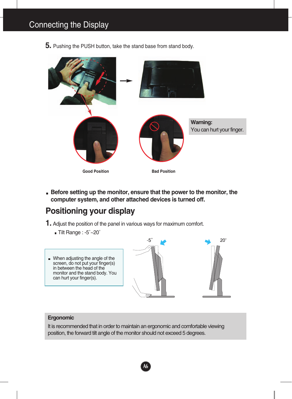 Positioning your display, Connecting the display | LG N1941W-PF User Manual | Page 8 / 29