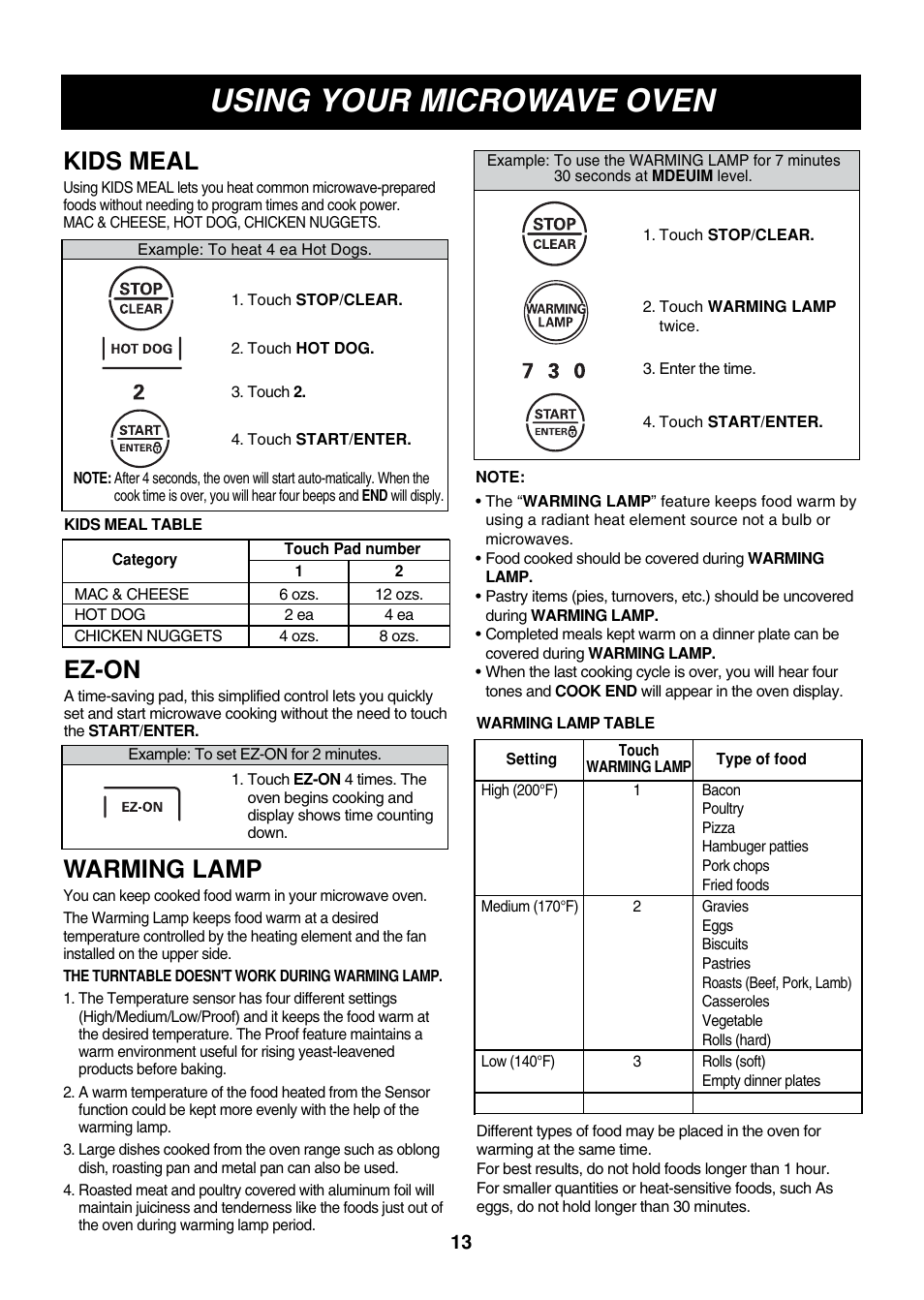 Using your microwave oven, Ez-on, Warming lamp | Kids meal | LG LMVM2085ST User Manual | Page 13 / 35