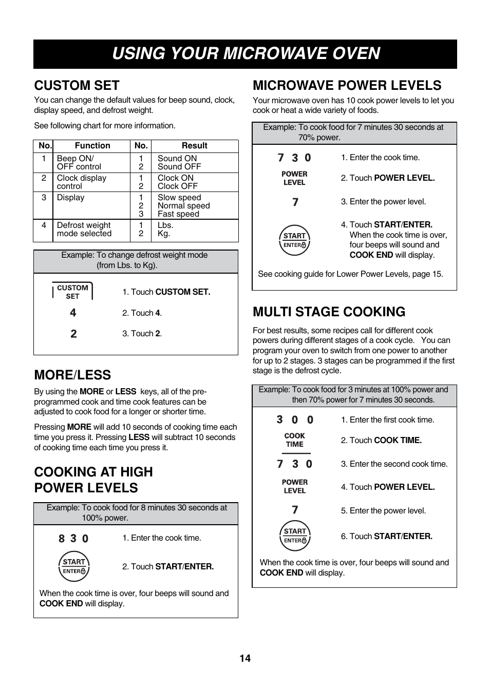 Using your microwave oven, Custom set more/less, Cooking at high power levels | Microwave power levels, Multi stage cooking | LG LMVM2085ST User Manual | Page 14 / 35