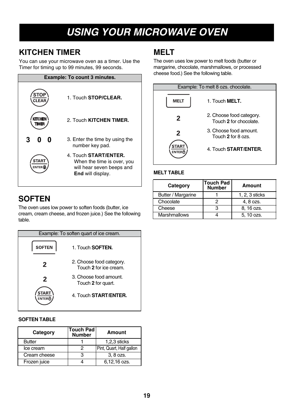 Using your microwave oven, Soften, Melt | Kitchen timer | LG LMVM2085ST User Manual | Page 19 / 35