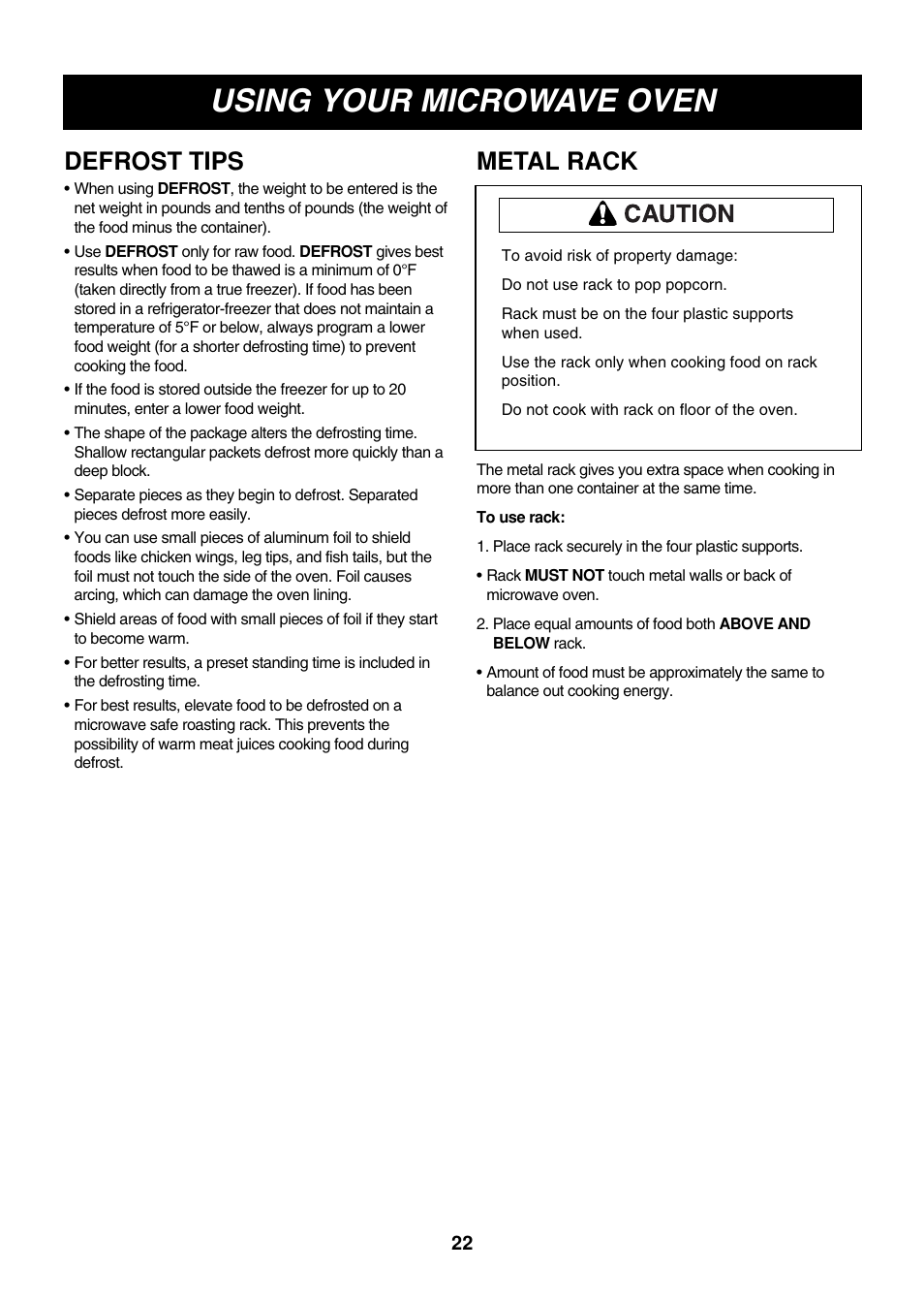 Using your microwave oven, Metal rack, Defrost tips | LG LMVM2085ST User Manual | Page 22 / 35