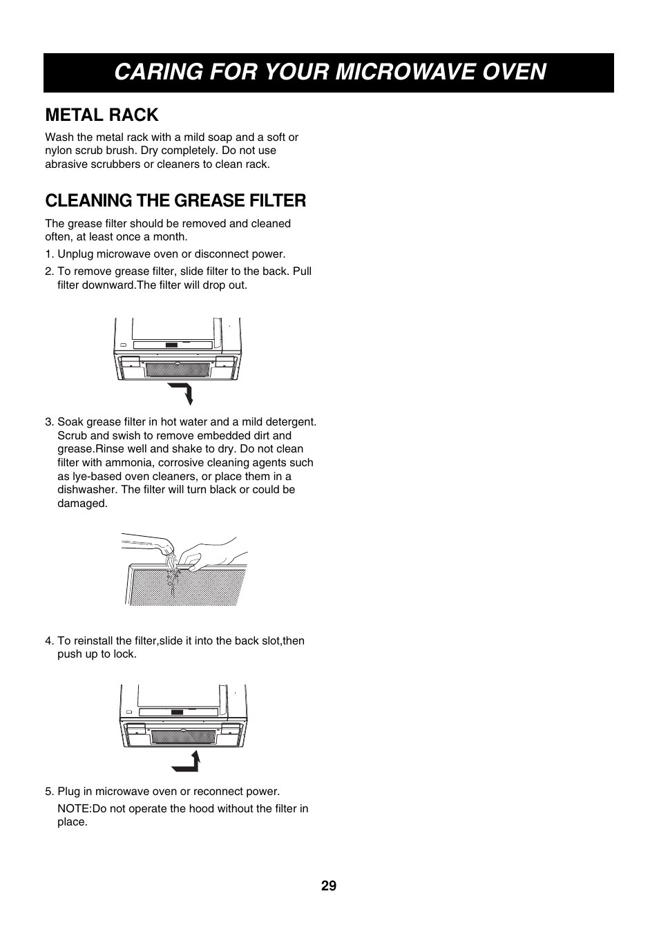 Caring for your microwave oven, Metal rack, Cleaning the grease filter | LG LMVM2085ST User Manual | Page 29 / 35