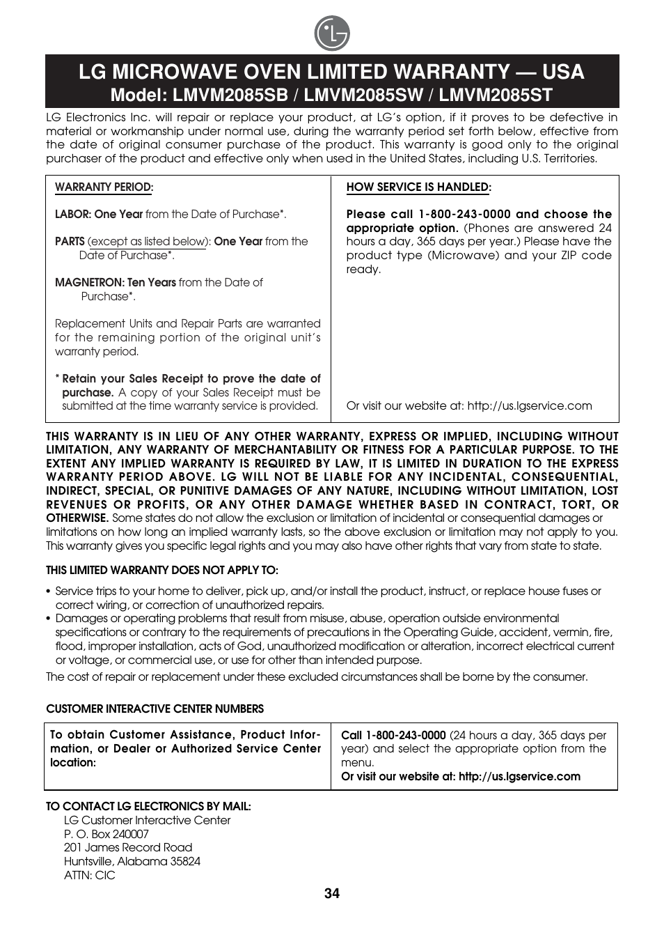 Lg microwave oven limited warranty — usa | LG LMVM2085ST User Manual | Page 34 / 35