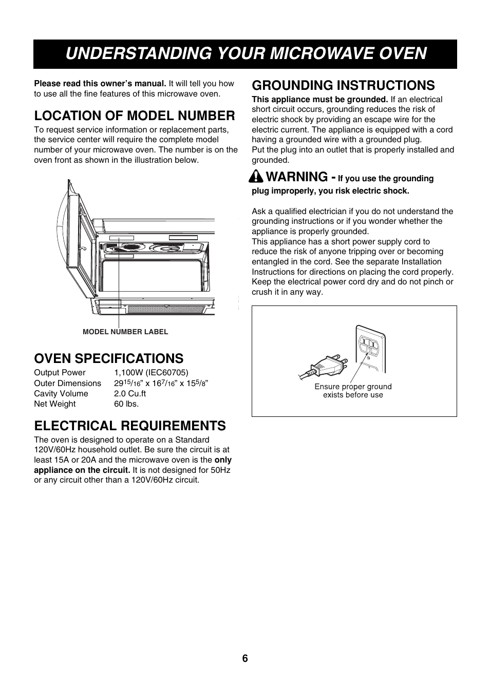 Understanding your microwave oven, Location of model number, Oven specifications | Electrical requirements, Grounding instructions, Warning | LG LMVM2085ST User Manual | Page 6 / 35