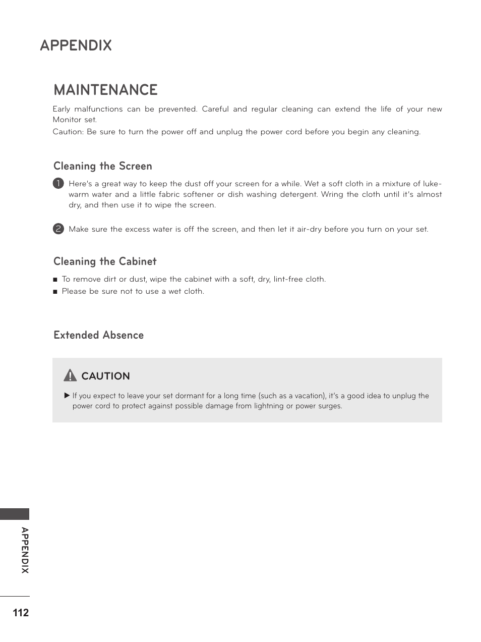 Maintenance, Appendix | LG M2280D-PU User Manual | Page 112 / 124