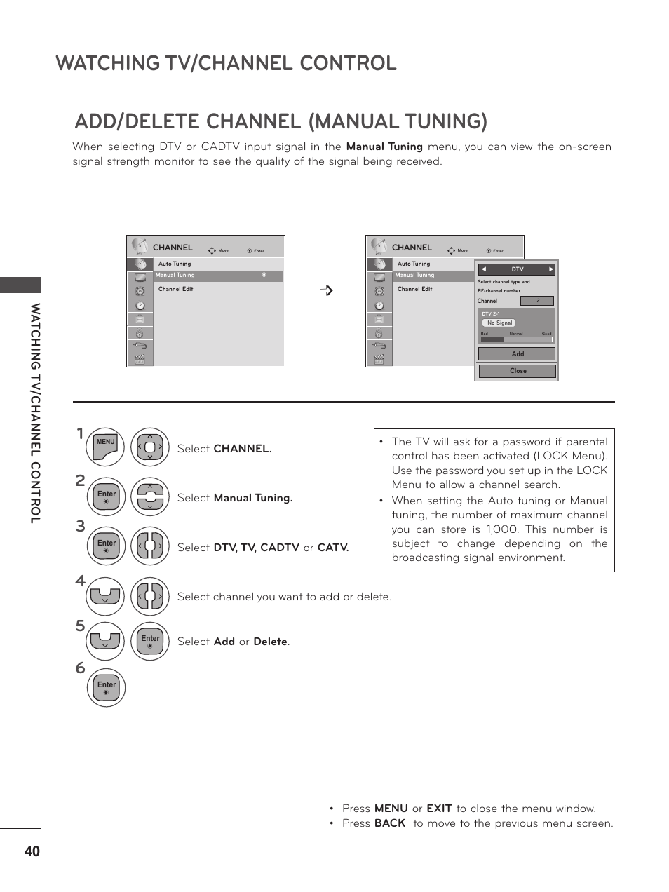 Add/delete channel (manual tuning), Watching tv/channel control | LG M2280D-PU User Manual | Page 40 / 124