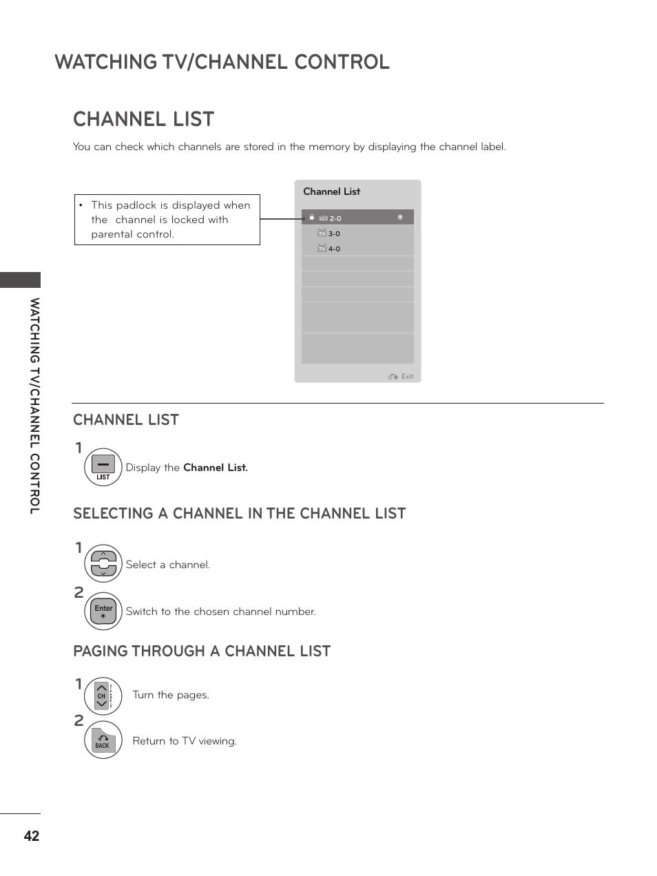 Channel list, P. 42), Watching tv/channel control | LG M2280D-PU User Manual | Page 42 / 124