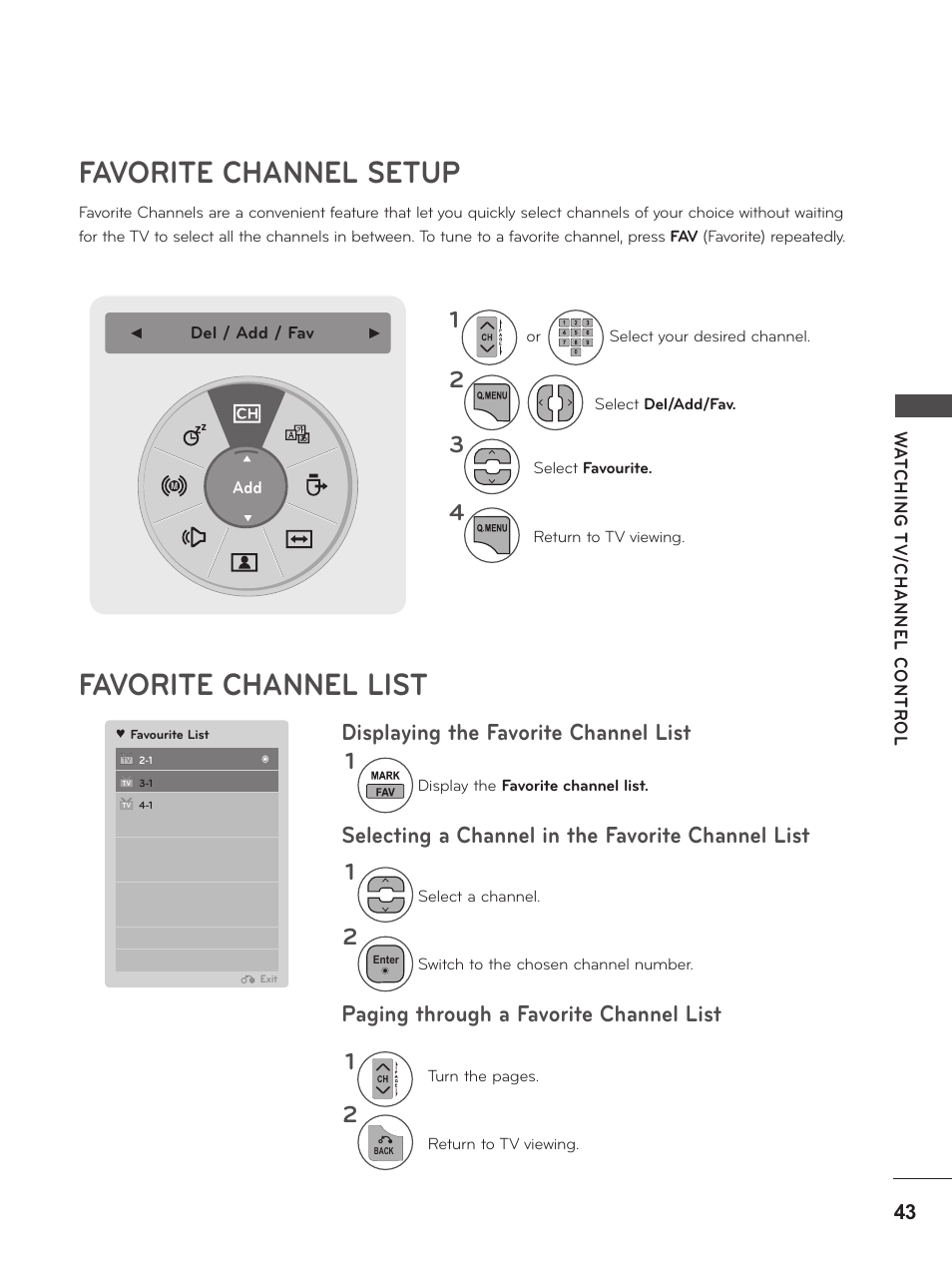 Favorite channel setup, Favorite channel list, Favorite channel setup favorite channel list | LG M2280D-PU User Manual | Page 43 / 124