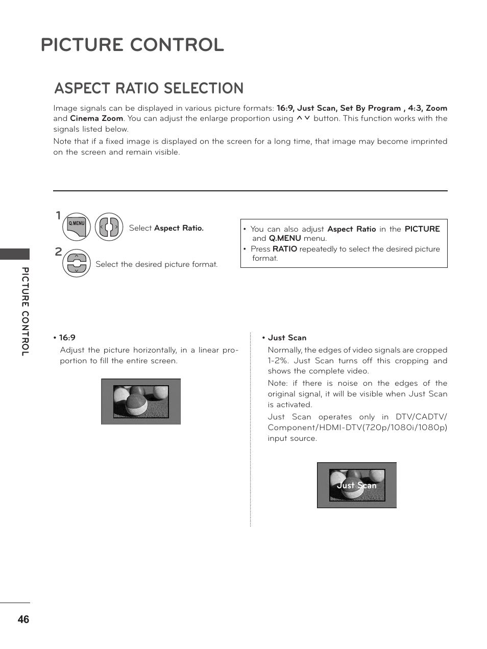 Picture control, Aspect ratio selection | LG M2280D-PU User Manual | Page 46 / 124