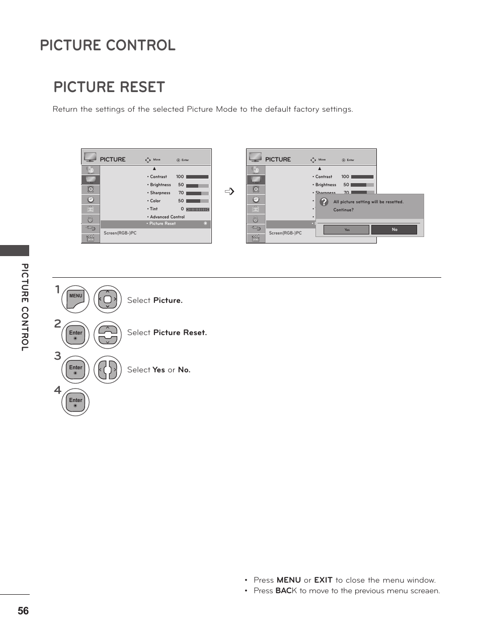 Picture reset, Picture control | LG M2280D-PU User Manual | Page 56 / 124