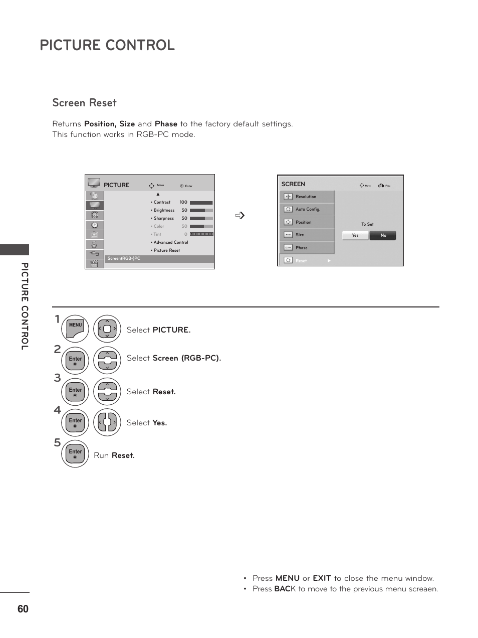 Screen reset, Picture control | LG M2280D-PU User Manual | Page 60 / 124