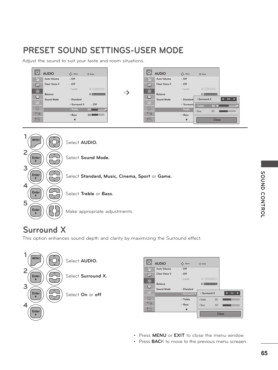 Preset sound settings-user mode, Surround x, Preset sound settings -user mode | Preset sound settings-user mode surround x | LG M2280D-PU User Manual | Page 65 / 124