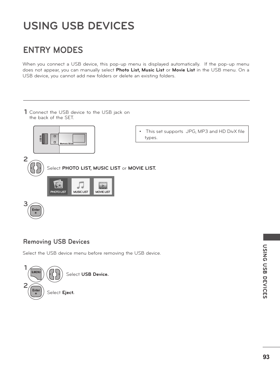 Using usb devices, Entry modes, Removing usb devices | LG M2280D-PU User Manual | Page 93 / 124