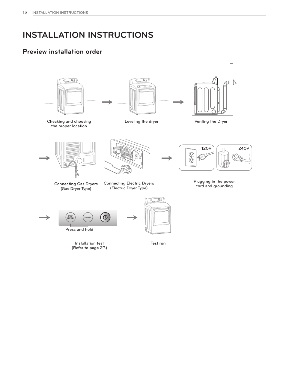 Installation instructions, Preview installation order | LG DLGX5171V User Manual | Page 12 / 88