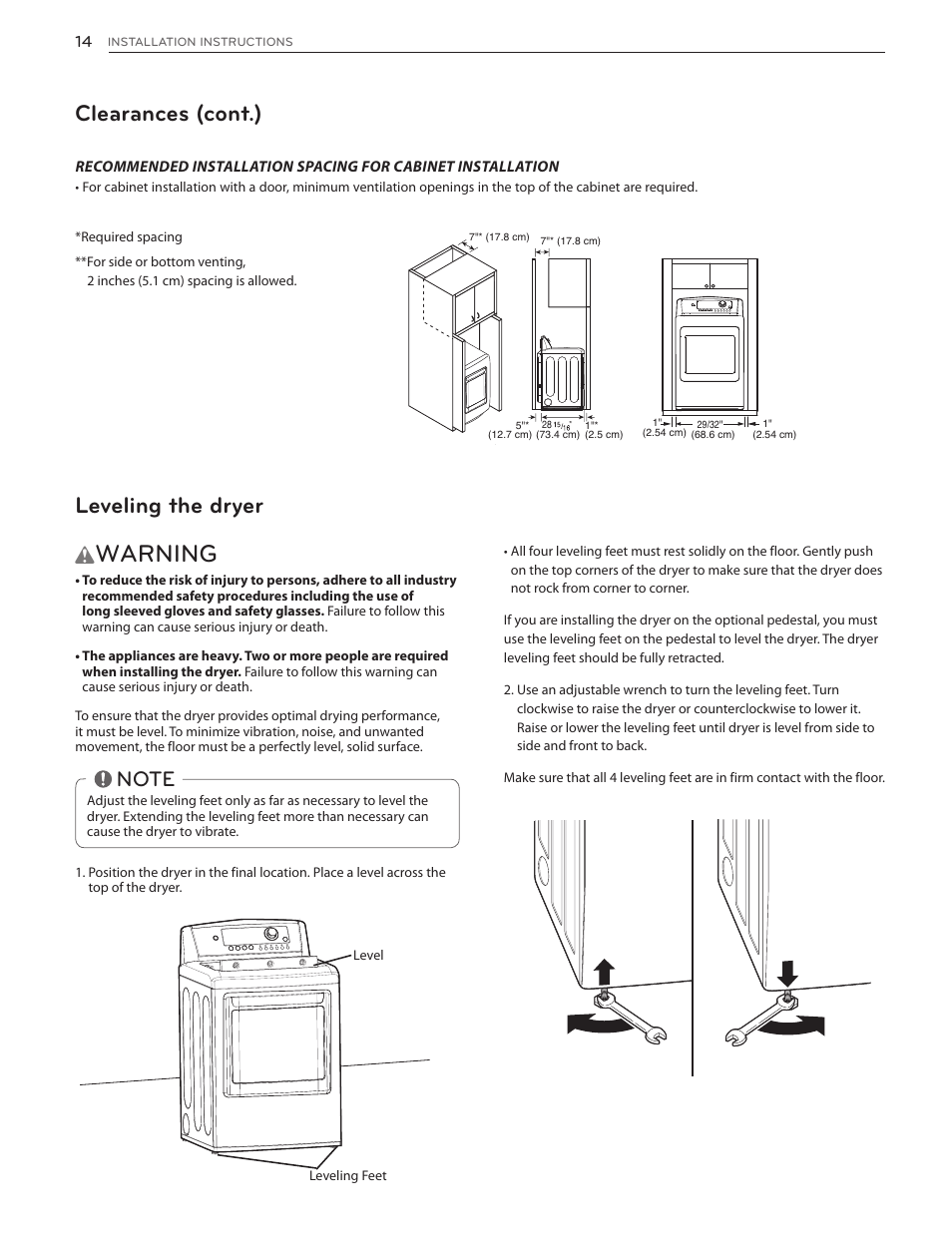 Warning, Clearances (cont.), Leveling the dryer | LG DLGX5171V User Manual | Page 14 / 88