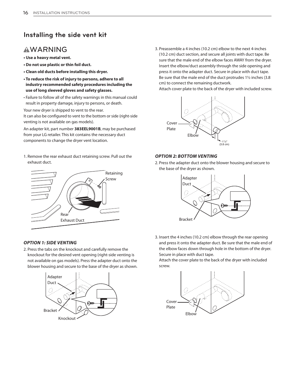 Warning, Installing the side vent kit | LG DLGX5171V User Manual | Page 16 / 88