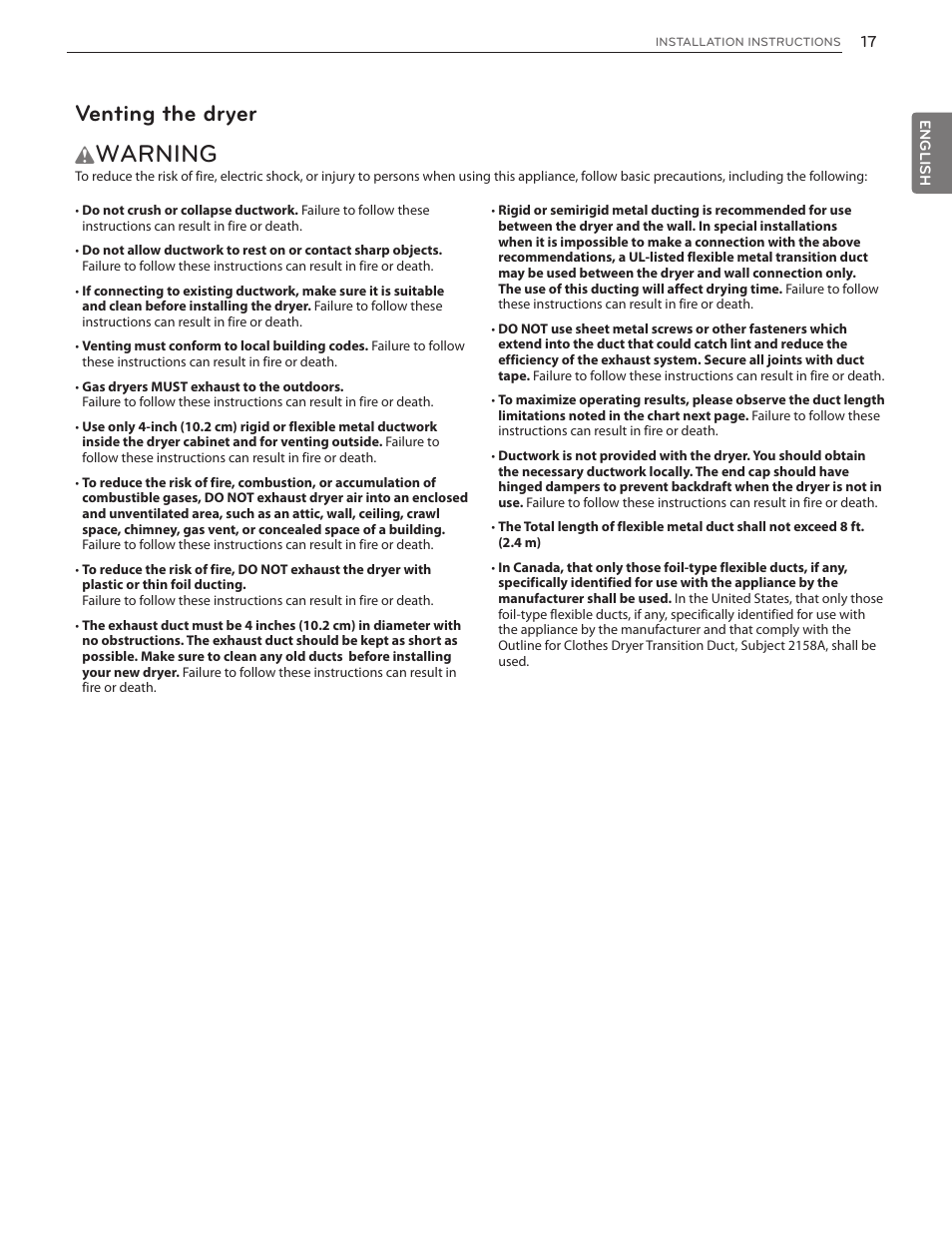Warning, Venting the dryer | LG DLGX5171V User Manual | Page 17 / 88