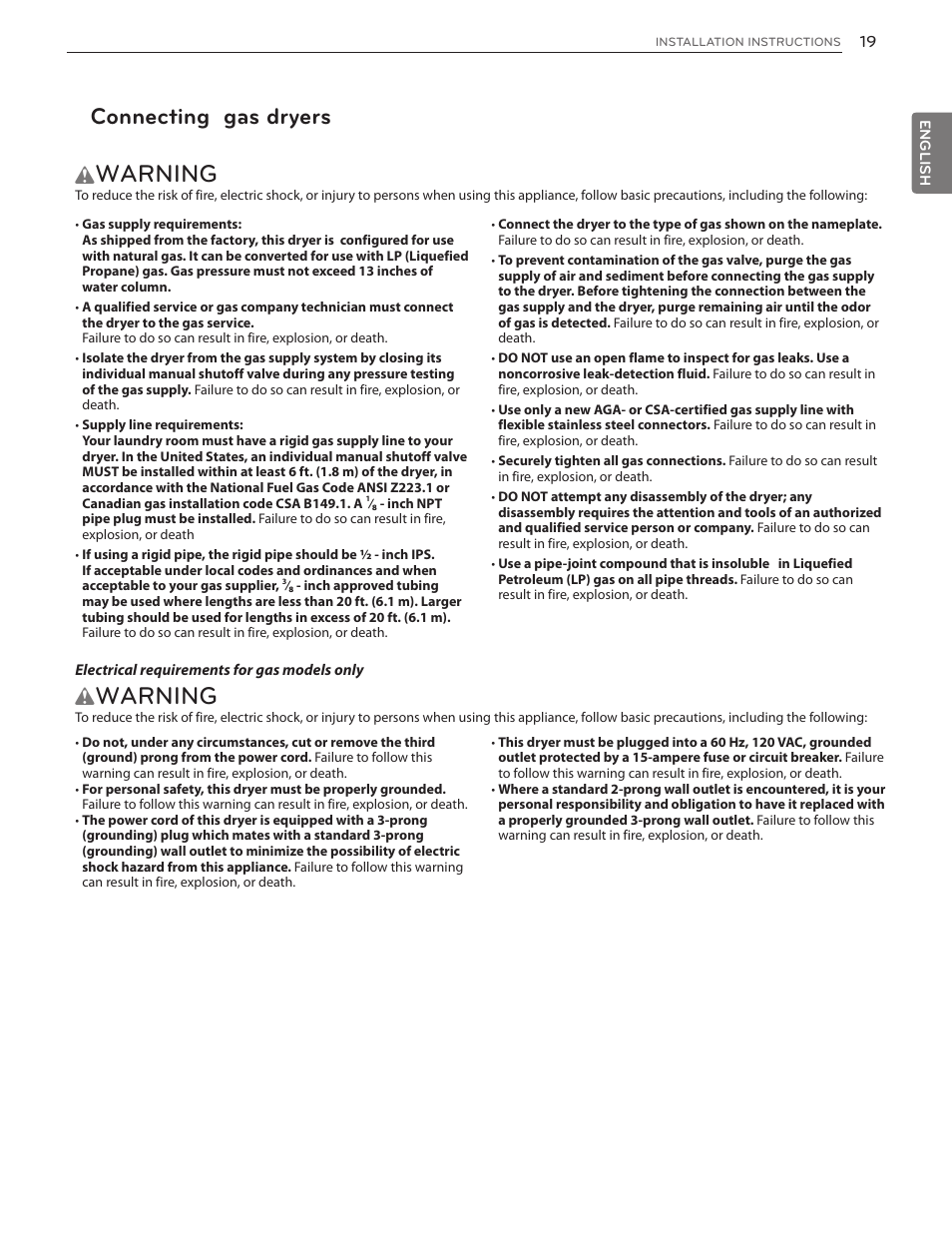 Warning, Connecting gas dryers | LG DLGX5171V User Manual | Page 19 / 88