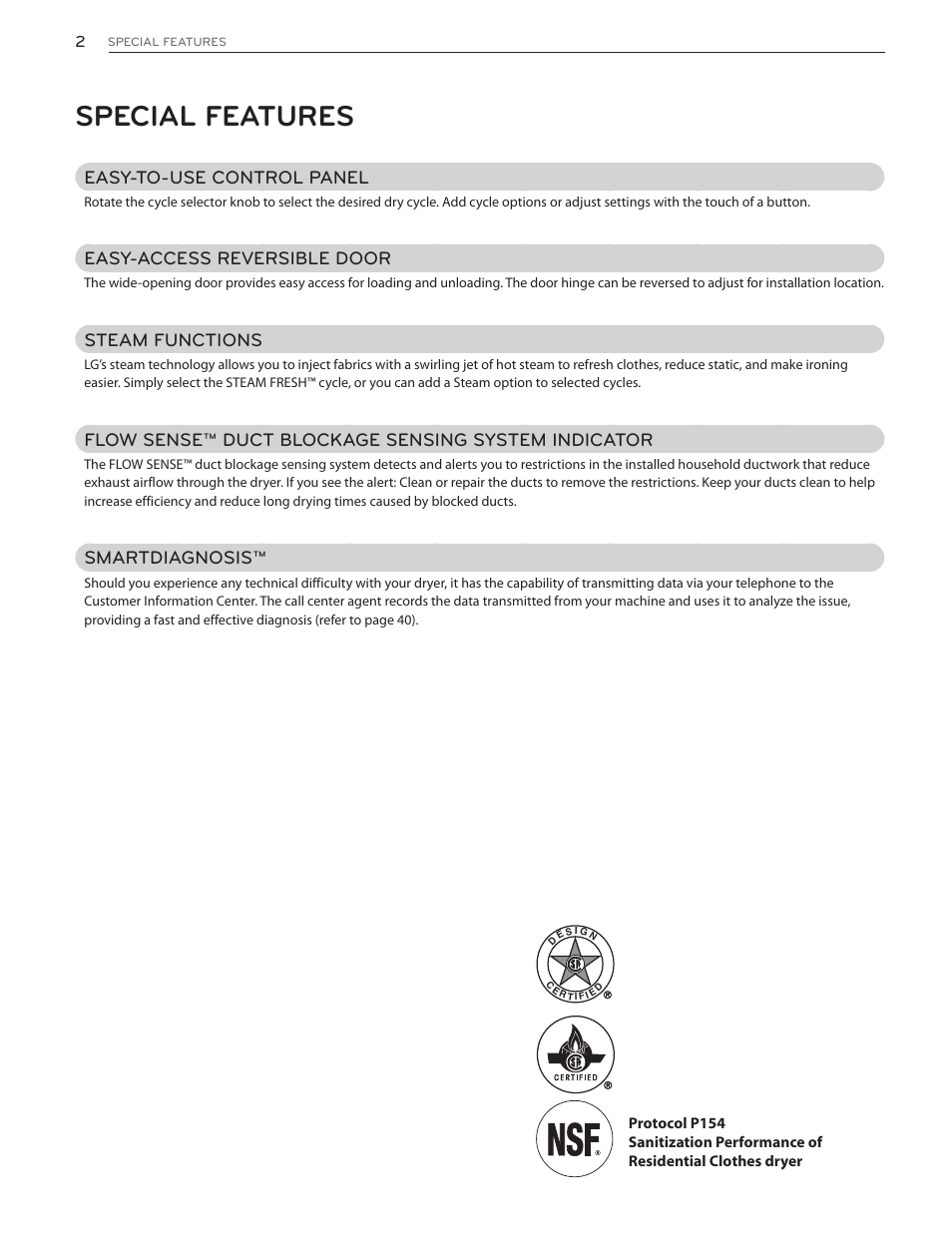 Special features, Easy-to-use control panel, Easy-access reversible door | Steam functions, Flow sense™ duct blockage sensing system indicator, Smartdiagnosis | LG DLGX5171V User Manual | Page 2 / 88