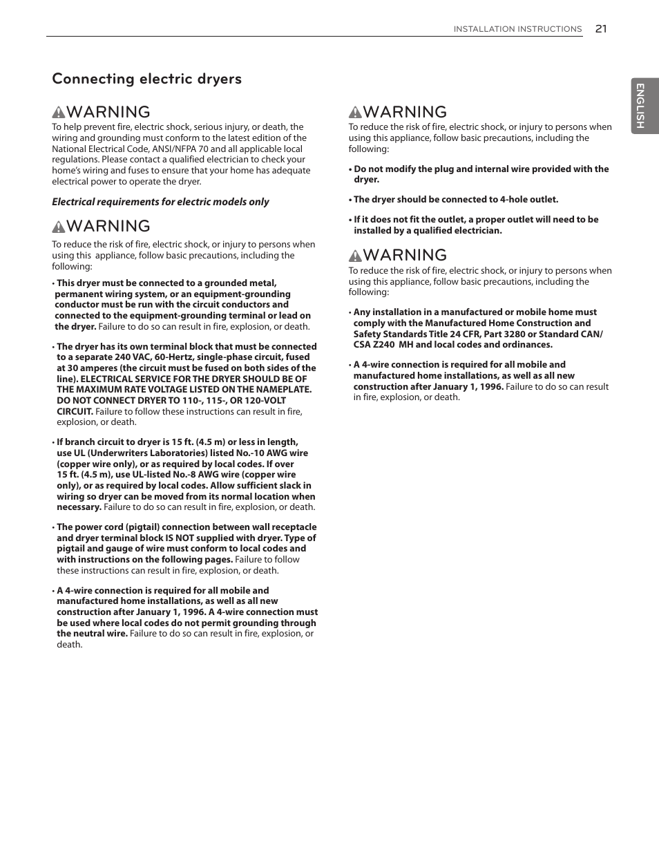 Warning, Connecting electric dryers | LG DLGX5171V User Manual | Page 21 / 88