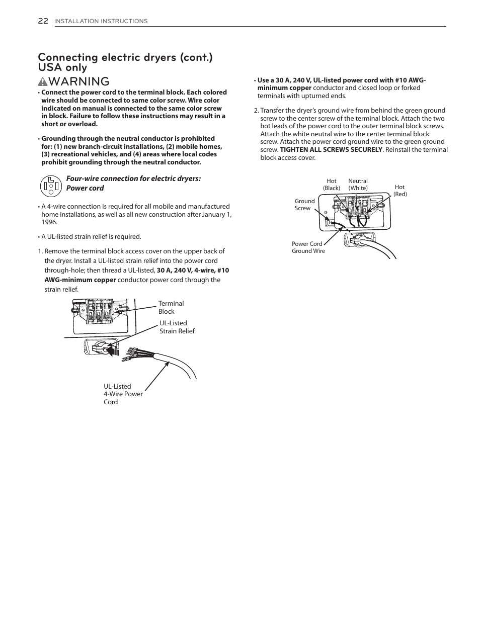 Warning, Connecting electric dryers (cont.) usa only | LG DLGX5171V User Manual | Page 22 / 88