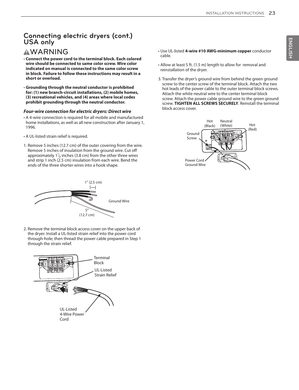 Warning, Connecting electric dryers (cont.) usa only | LG DLGX5171V User Manual | Page 23 / 88