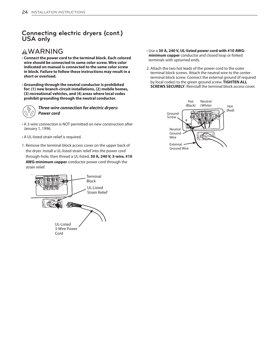Warning, Connecting electric dryers (cont.) usa only | LG DLGX5171V User Manual | Page 24 / 88