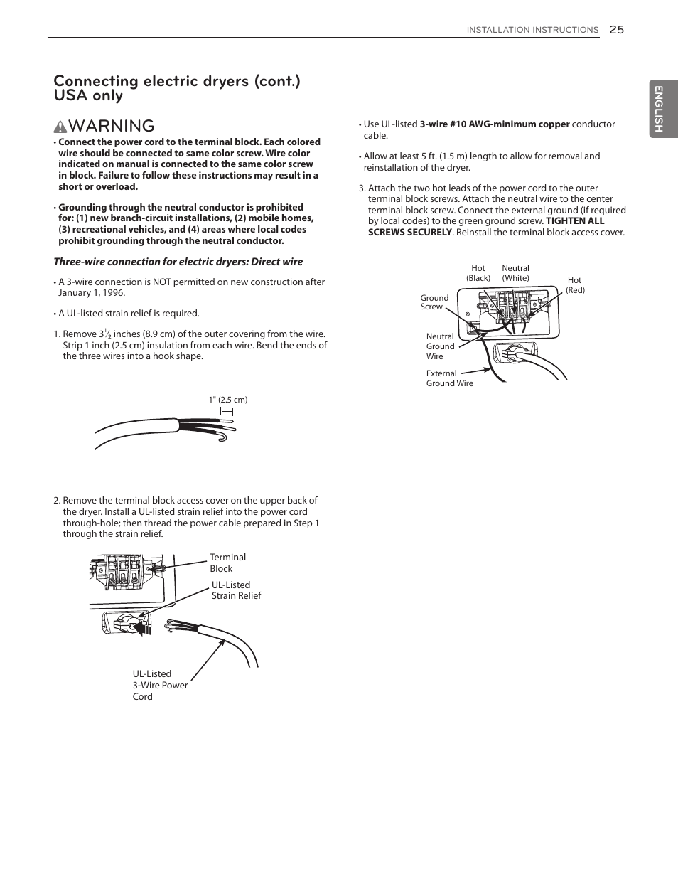 Warning, Connecting electric dryers (cont.) usa only | LG DLGX5171V User Manual | Page 25 / 88
