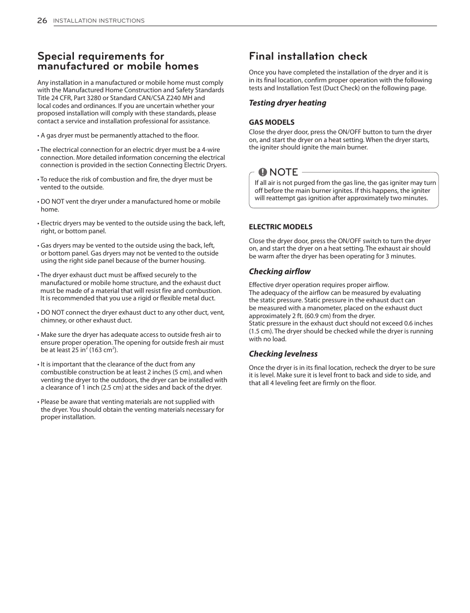 Final installation check | LG DLGX5171V User Manual | Page 26 / 88