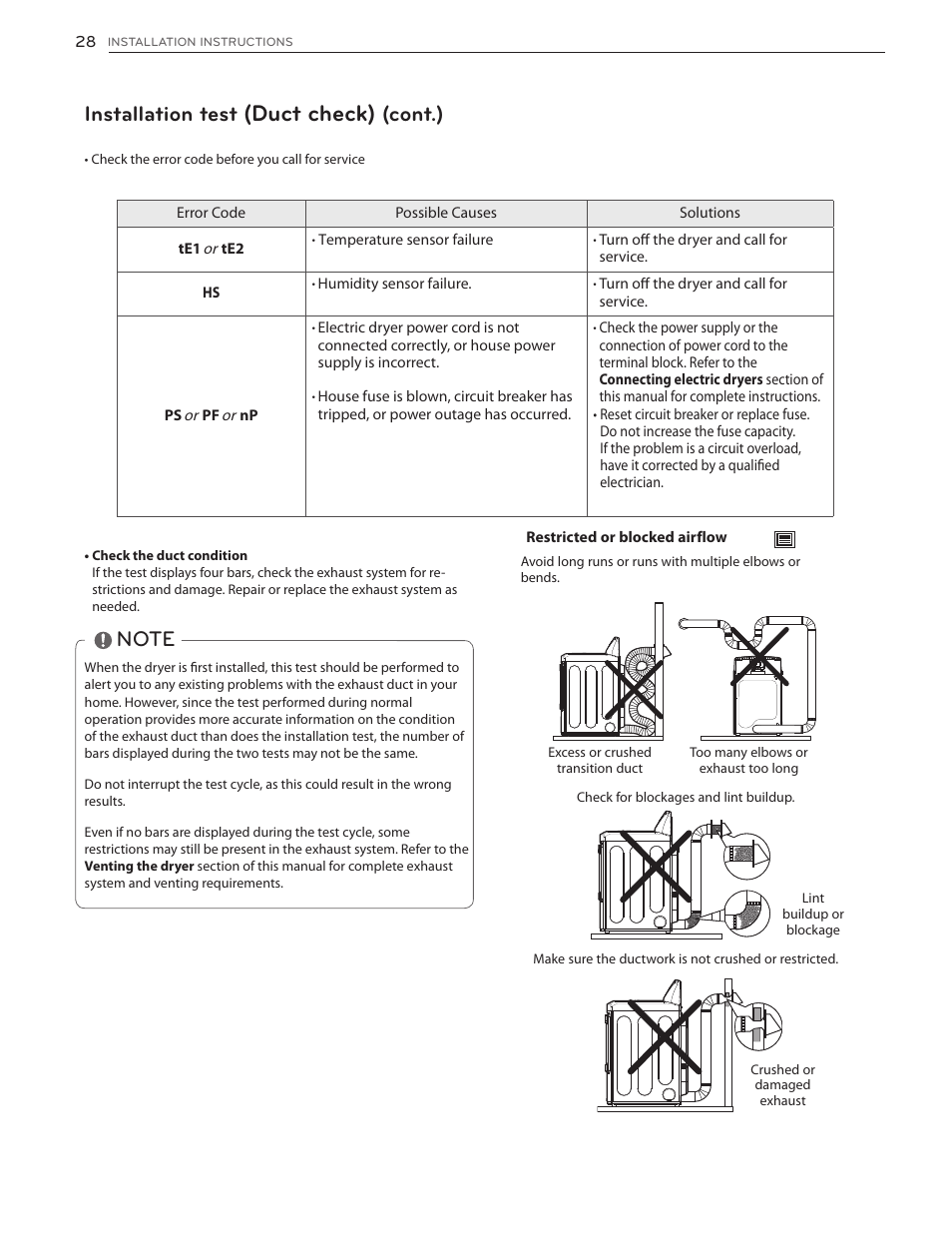 Duct check), Installation test, Cont.) | LG DLGX5171V User Manual | Page 28 / 88