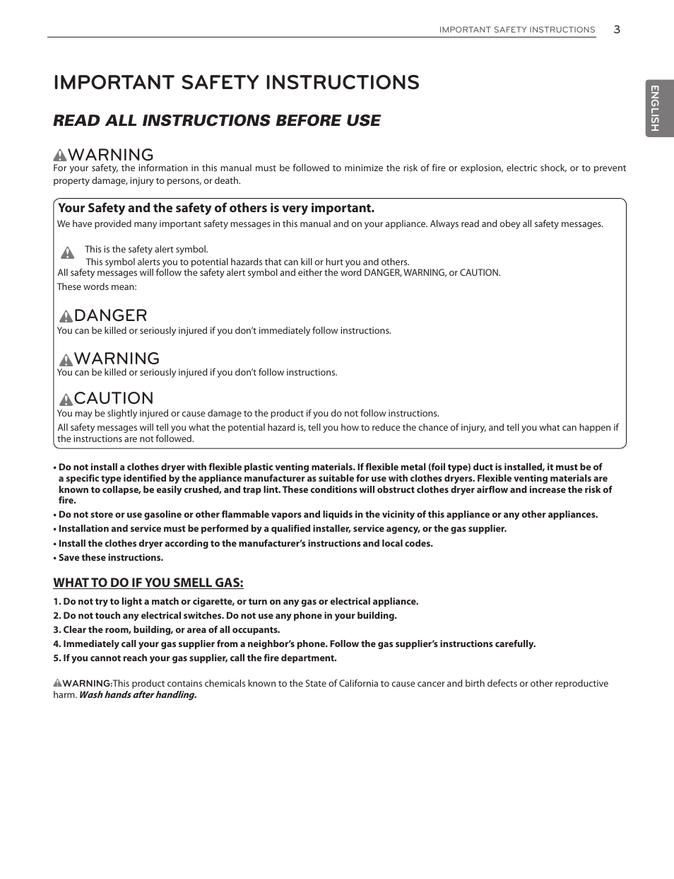 Important safety instructions, Warning, Danger | Caution, Read all instructions before use | LG DLGX5171V User Manual | Page 3 / 88