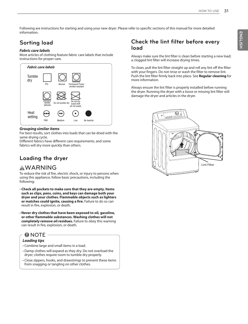 Warning, Check the lint filter before every load, Sorting load | Loading the dryer | LG DLGX5171V User Manual | Page 31 / 88