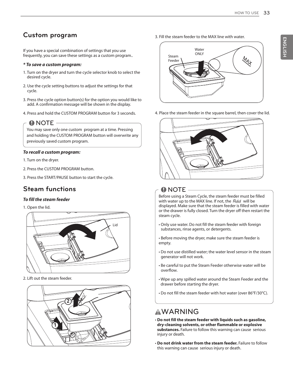 Warning, Custom program, Steam functions | LG DLGX5171V User Manual | Page 33 / 88