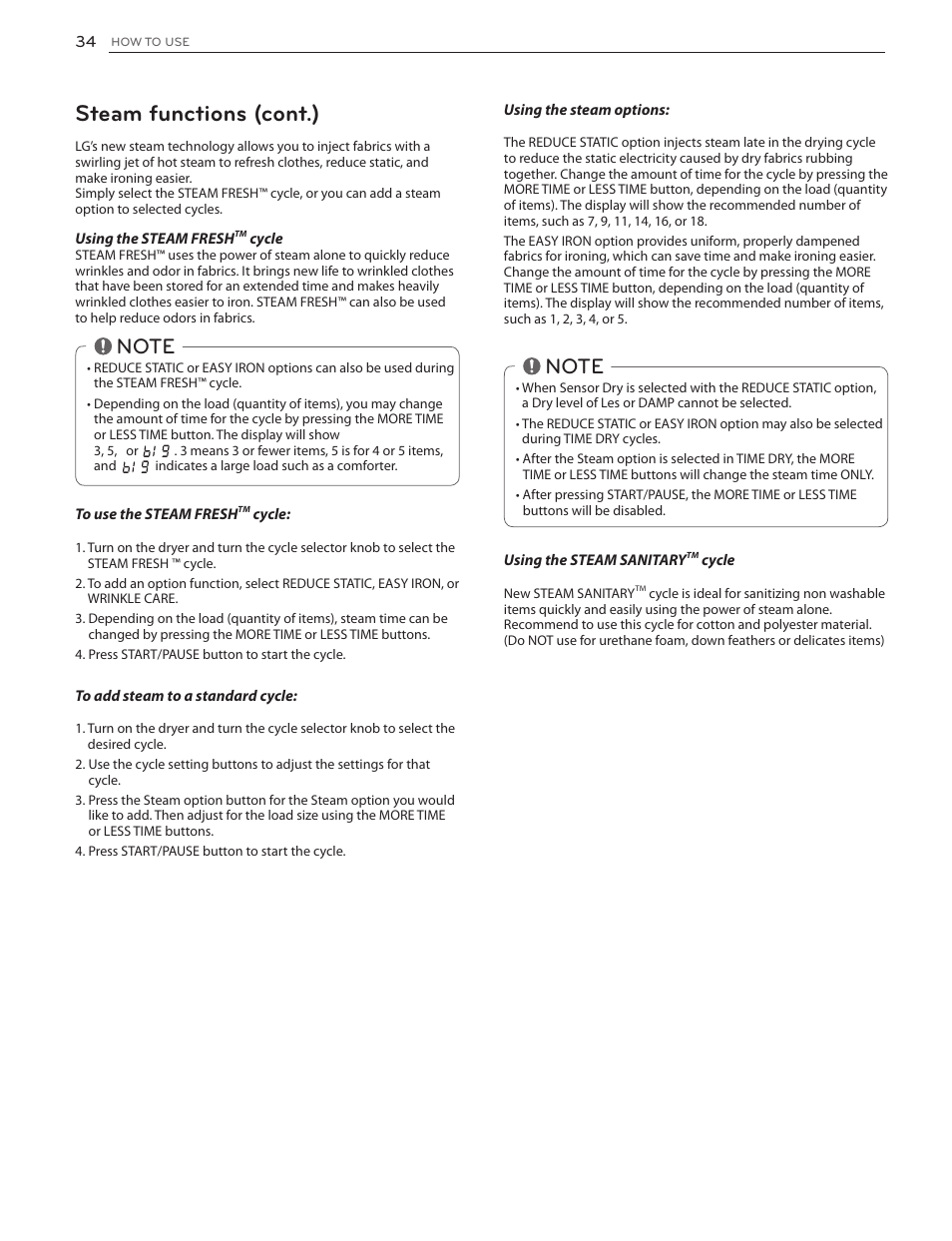 Steam functions (cont.) | LG DLGX5171V User Manual | Page 34 / 88