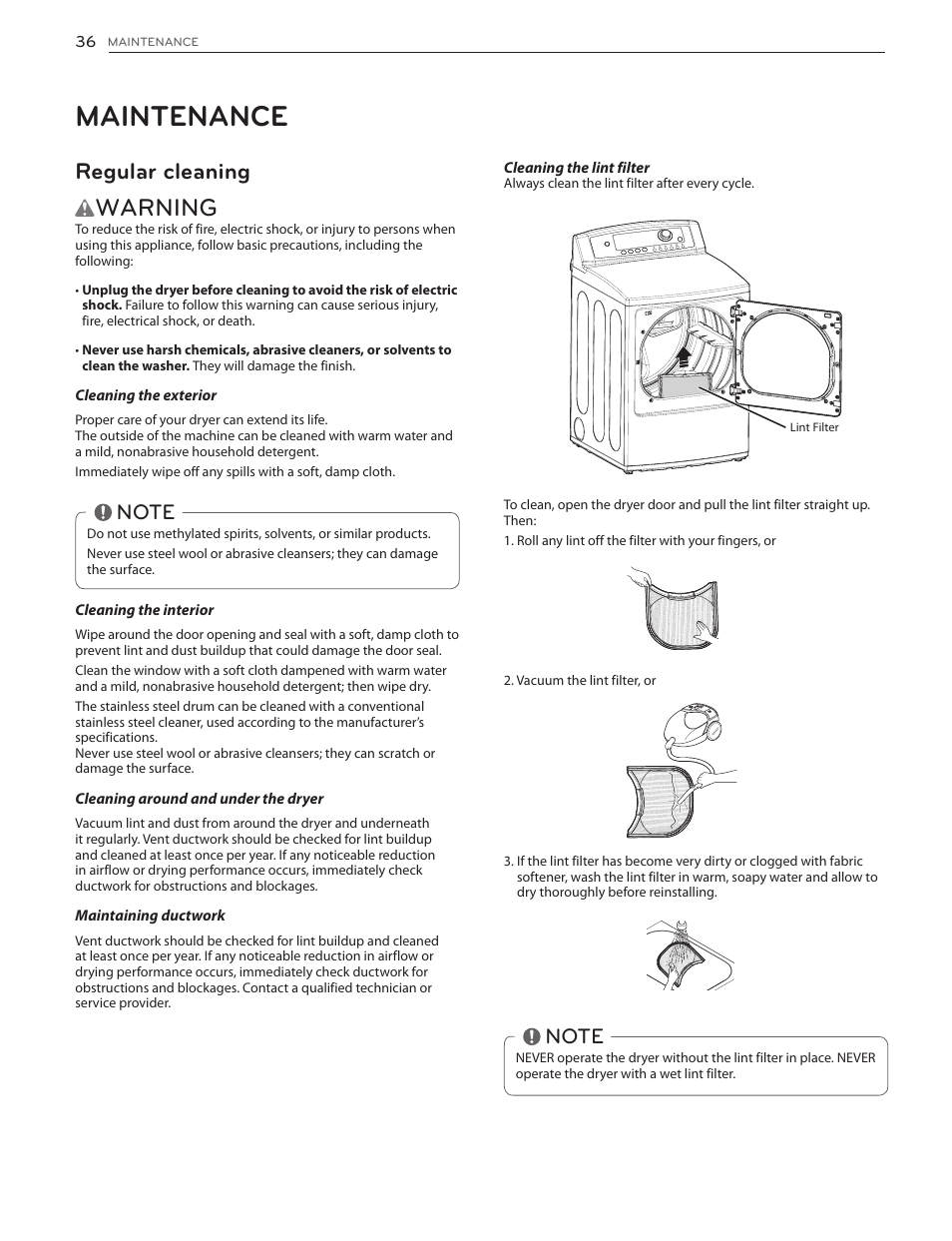 Maintenance, Warning, Regular cleaning | LG DLGX5171V User Manual | Page 36 / 88