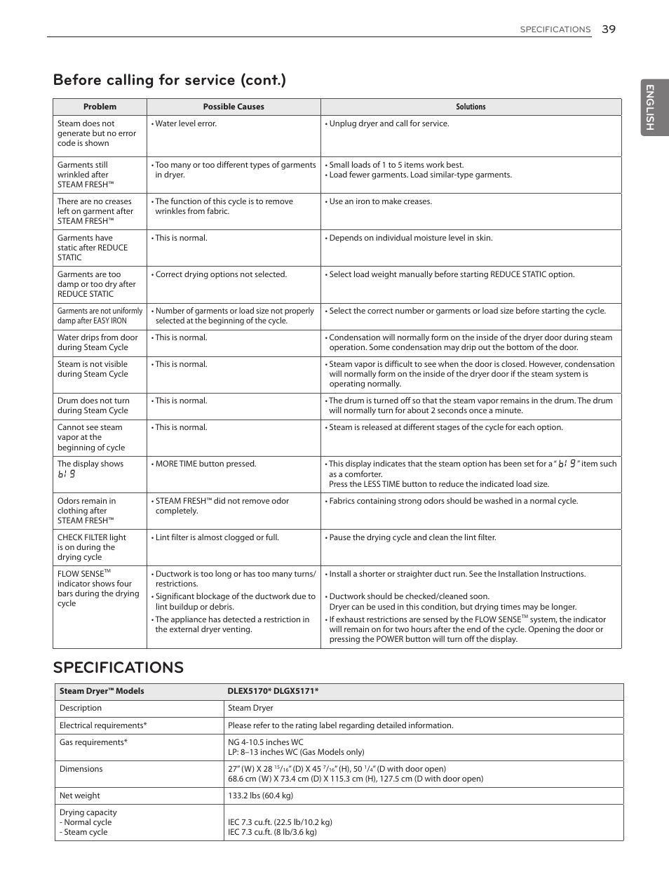 Before calling for service (cont.) specifications | LG DLGX5171V User Manual | Page 39 / 88